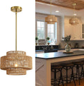 12.4" Rattan Pendant Light for Kitchen Island, Boho Chandelier | 1-Light, Hand Woven, No Assembly, Gold Hardware, Farmhouse Coastal Drum Wicker Light Fixture Dining Room Hallway Entryway