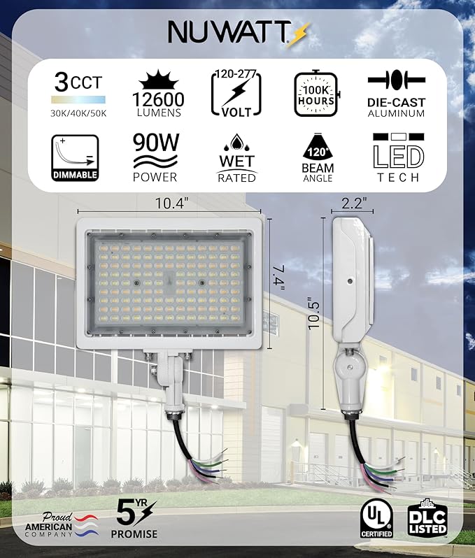 NUWATT 90W LED Flood Light, 3CCT 3000K/4000K/5000K Selectable, IP65 Waterproof