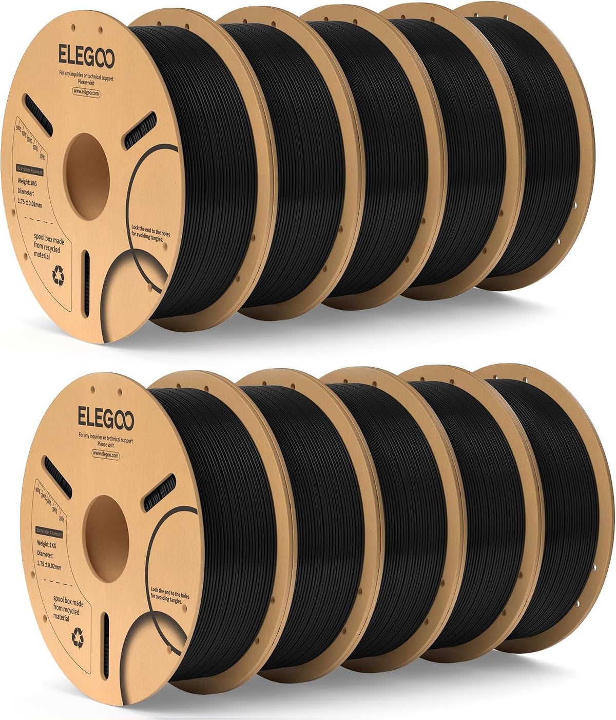 ELEGOO PLA Filament 1.75mm Black 10KG, 3D Printer Filament Bulk Dimensional