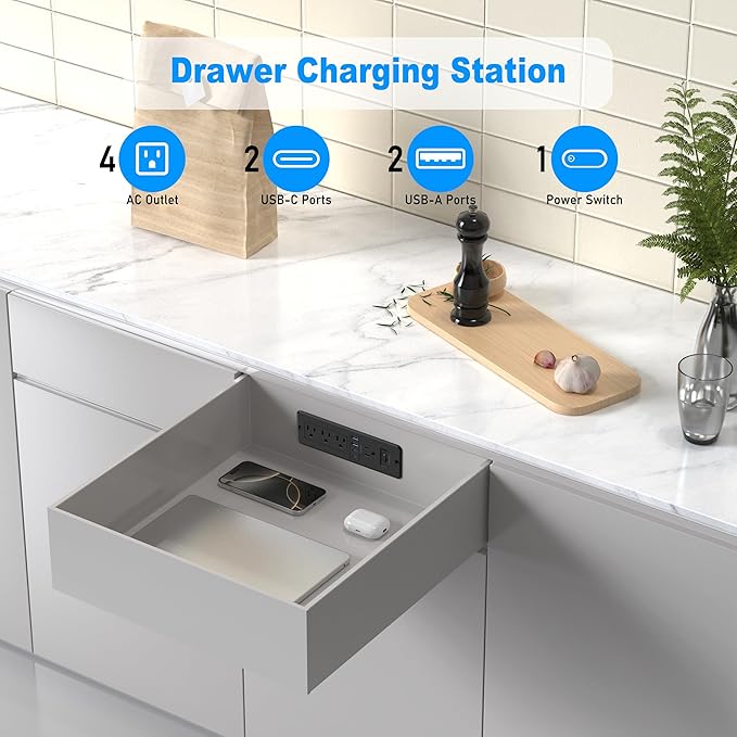 65W USB C Recessed Power Strip, Flush Mount Desktop Recessed Outlet