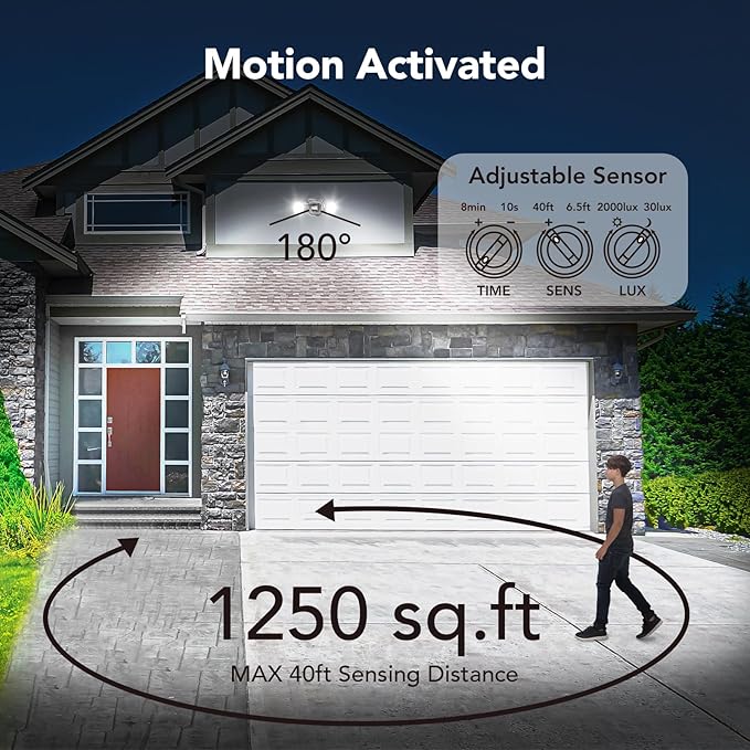 OREiN Motion Sensor Outdoor Security Lights, Dual-Head Adjustable LED Flood (2 Pack)