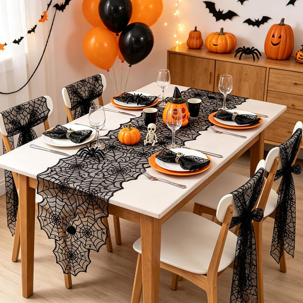 10 Pack Halloween Table Runners Black Lace Spider Web Linens