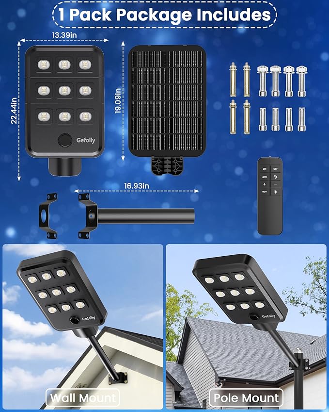 Gefolly G-9000W Solar Street Light Outdoor, Wide Angle Commercial Parking Lot