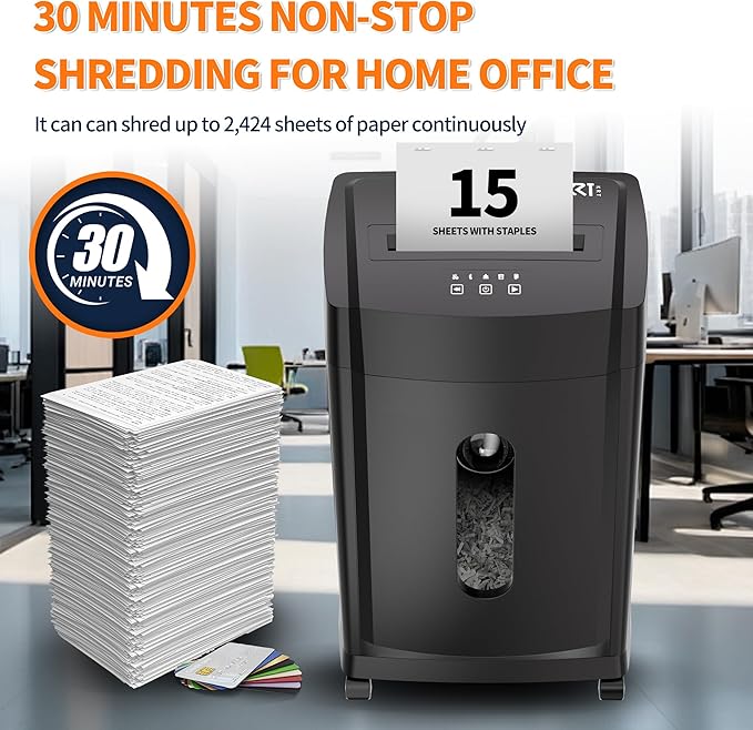 KRT Ultra-Quiet Paper Shredder 38dB, 30 Min Run Time, 15 Sheet Cross-Cut