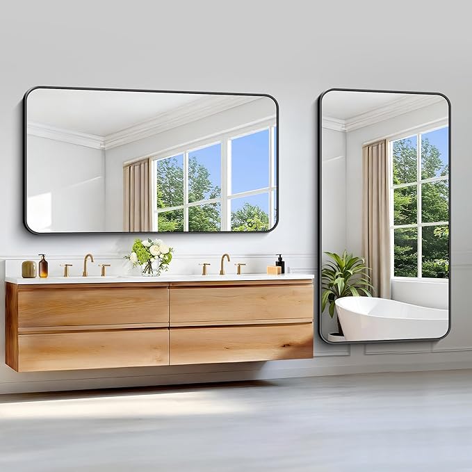 Black Bathroom Mirror, 66x36 inch Aluminum Metal Frame Rectangular Vanity Mirror