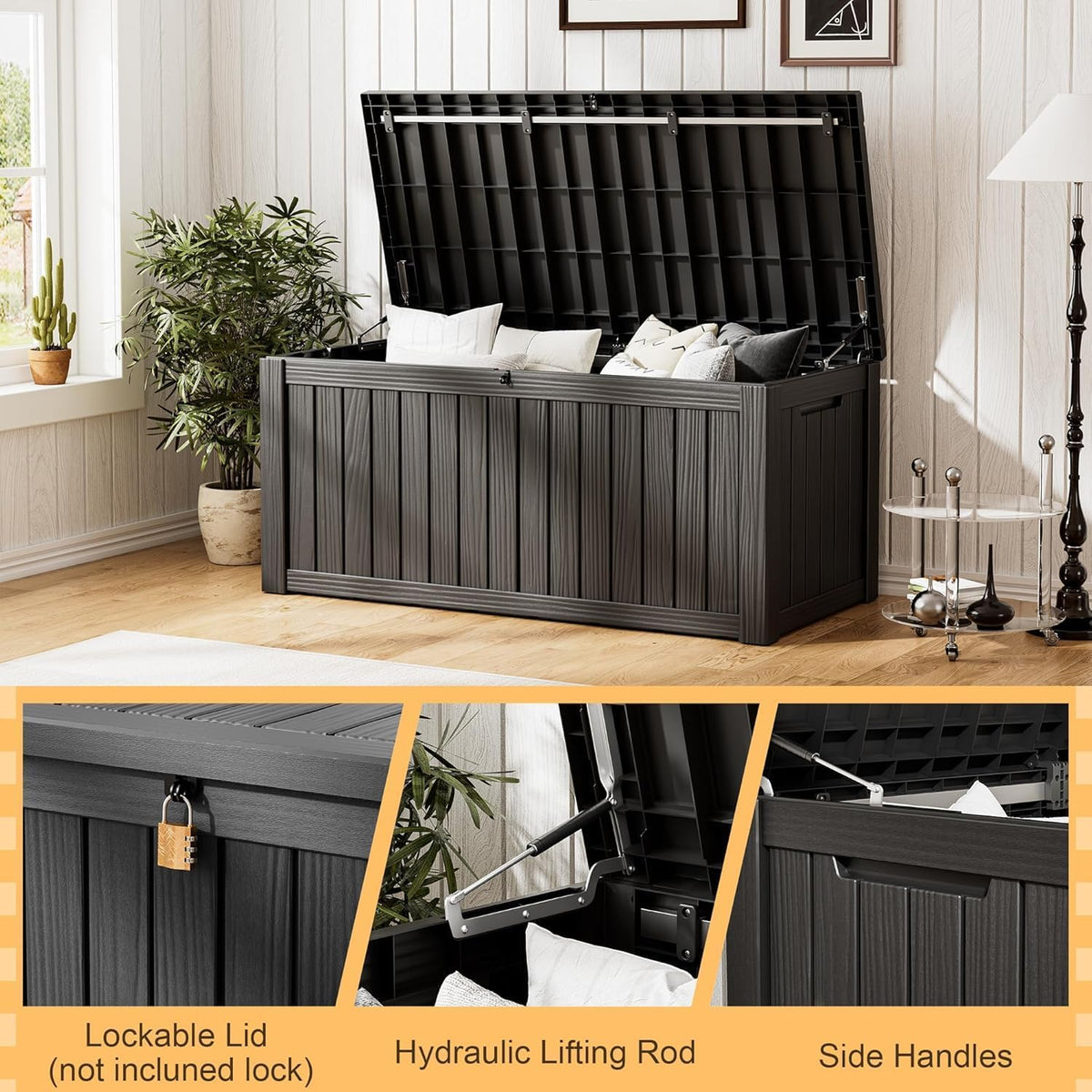 resin outdoor deck storage box waterproof (black, 270, close-up detail