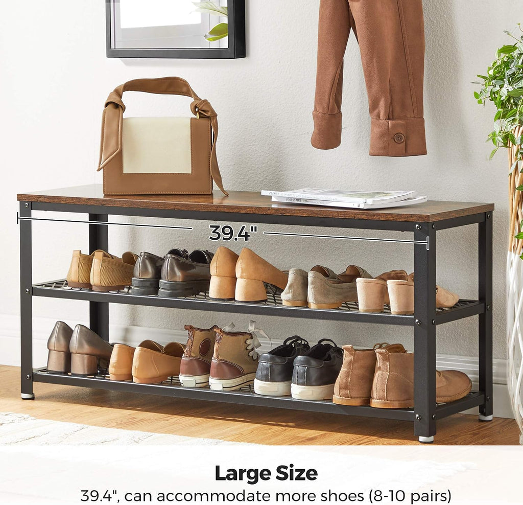 vasagle 3-tier shoe rack, storage bench with metal on a desk or shelf