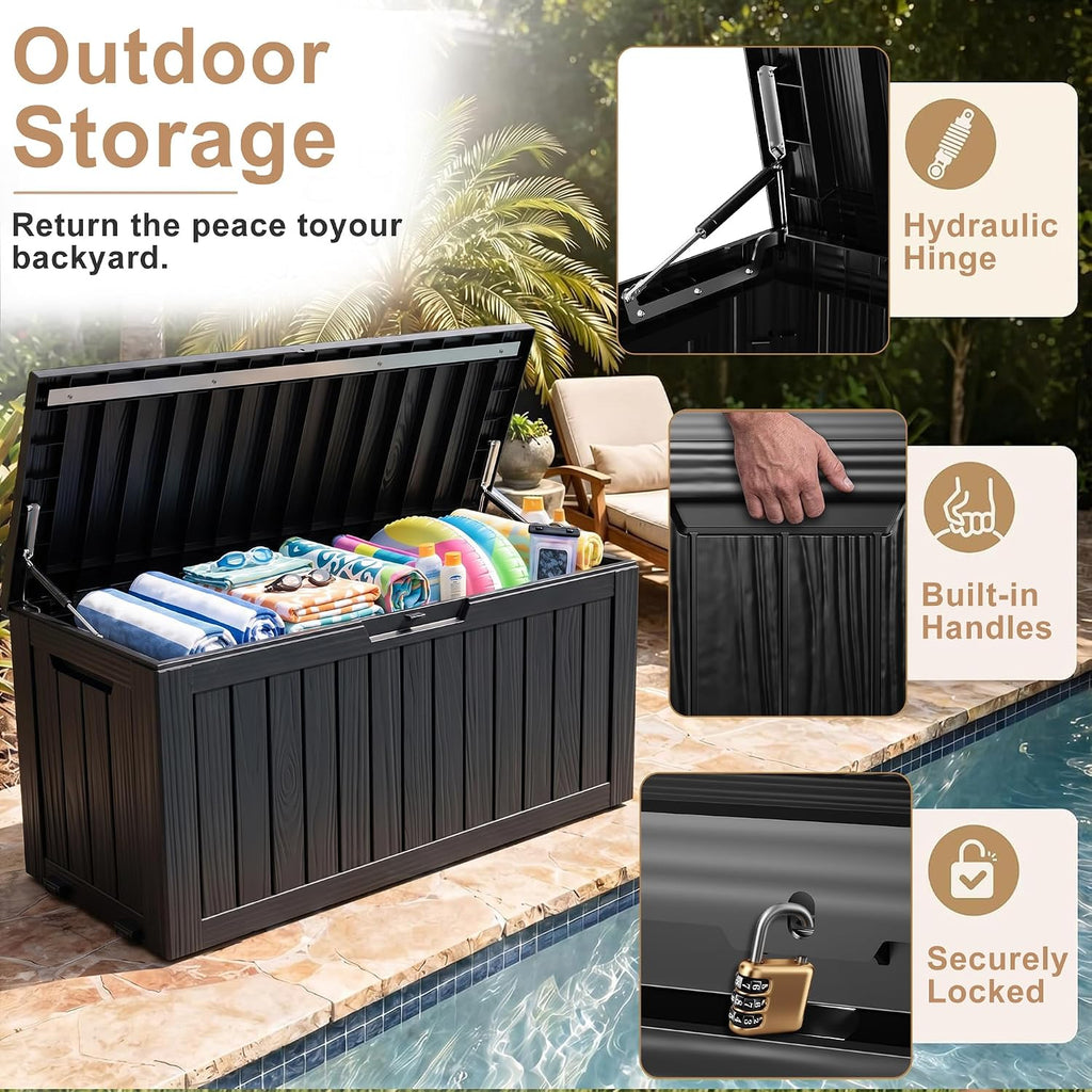 150gal outdoor storage box, waterproof lockable resin deck, side view