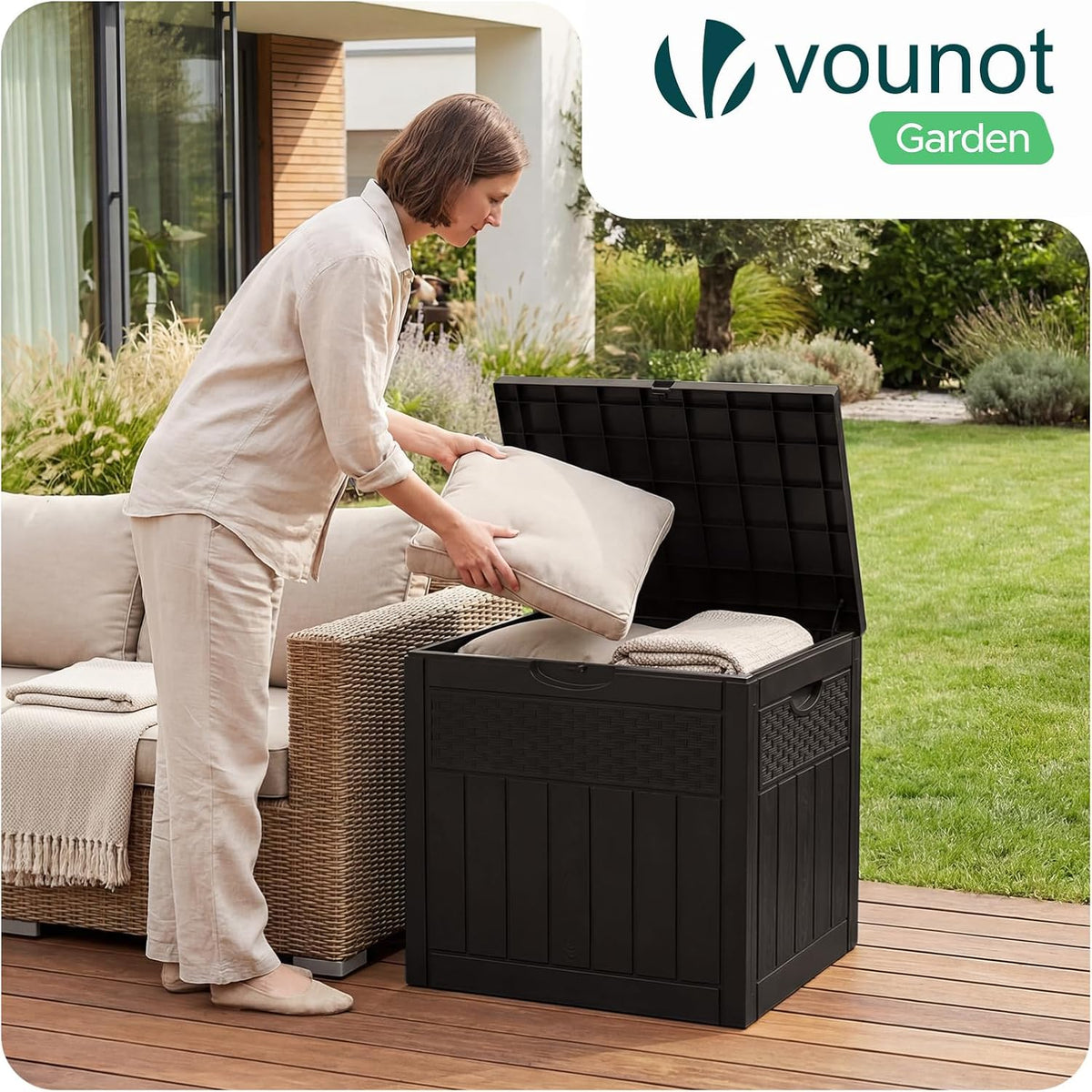 vounot® 126l outdoor storage box with lid, lockable, side view