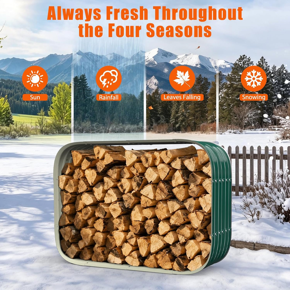 cuboid metal sheet firewood rack indoor and outdoor shown in use