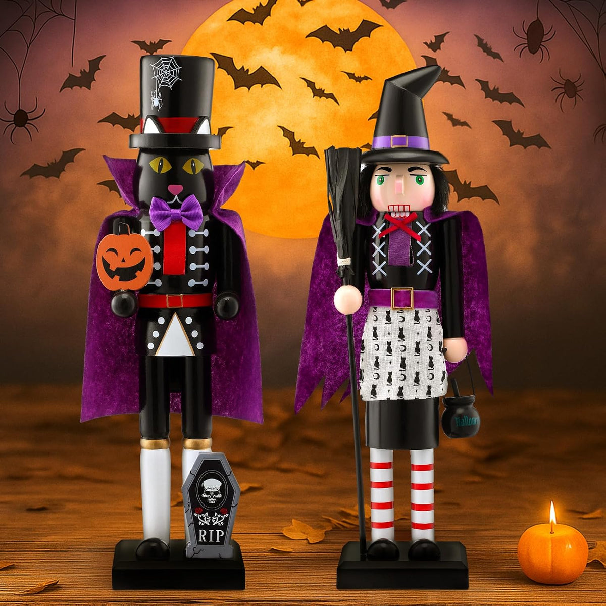 RattanView 2 Pcs Halloween Nutcracker 14 Inch Wooden Witch Black Cat Figure