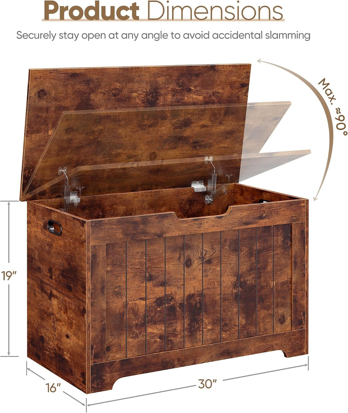 storage chest, wooden storage bench with flip-top lid, side view