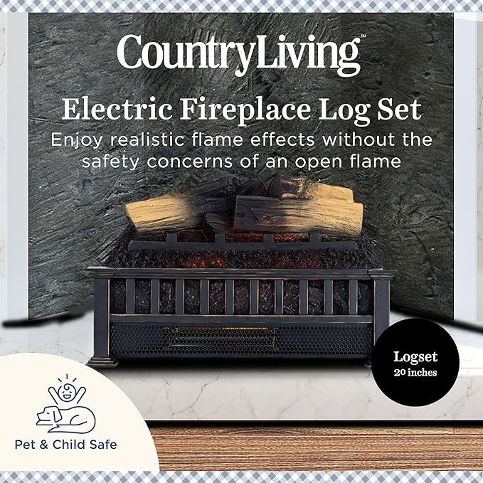 Country Living Electric Fireplace Logs, 20” LED Electric Fireplace Inserts