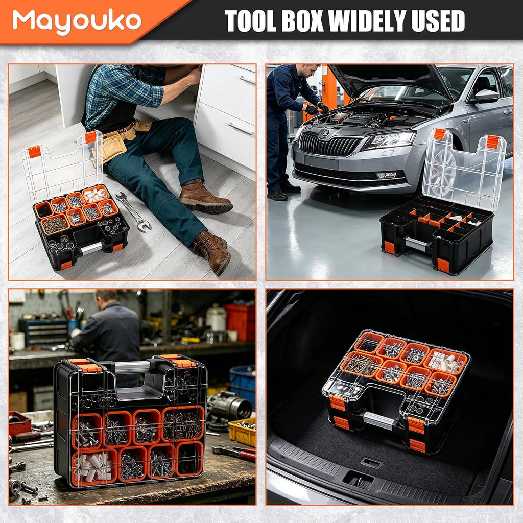 Mayouko Double Side Tool Box with Transparent Lid, 8 Movable Small Trays & Removable Dividers, Multi-Function Small Parts Organizer, for Hardware, Screws, Bricks, Nails, Jewelry and Fishing Tackle