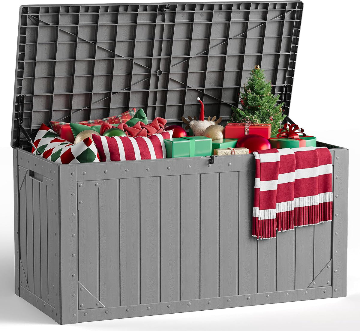 outdoor storage box, 98 gallon deck box, outdoor shown in use