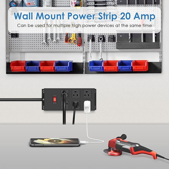 JUNNUJ Heavy Duty 20 Amp Power Strip, Garage 6 Outlets Metal 12 Gauge Surge