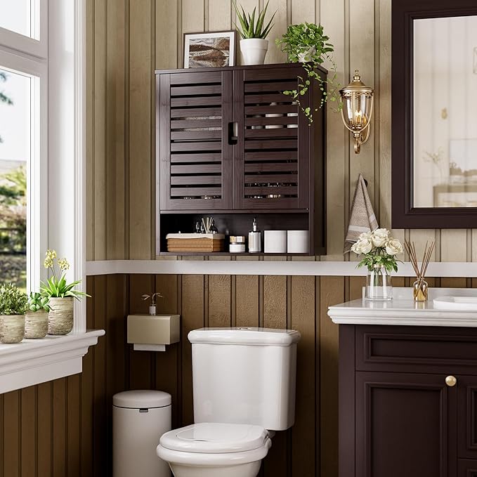 SMIBUY Bathroom Cabinet Wall Mounted, Bamboo Over-The-Toilet Storage Organizer