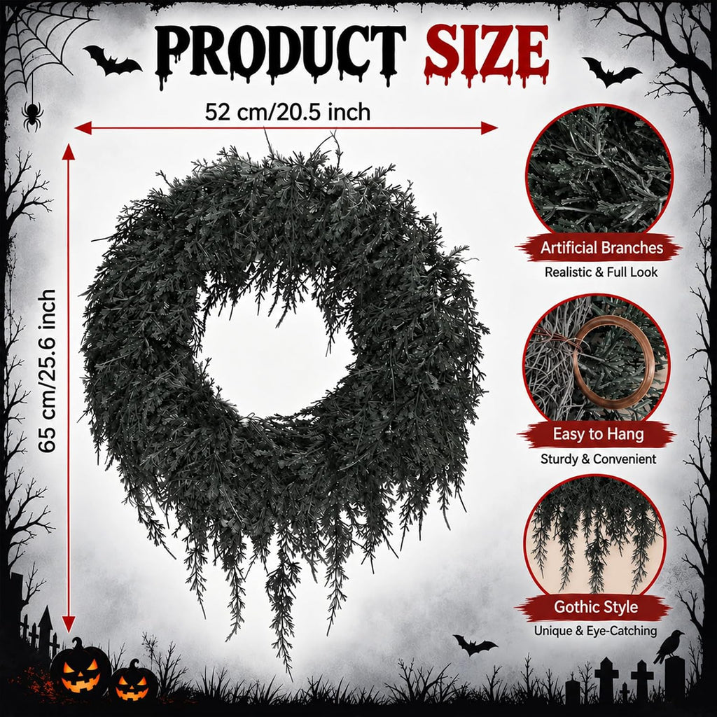 Yunlly 25" Dark Green Halloween Wreath for Front Door, Gothic Style
