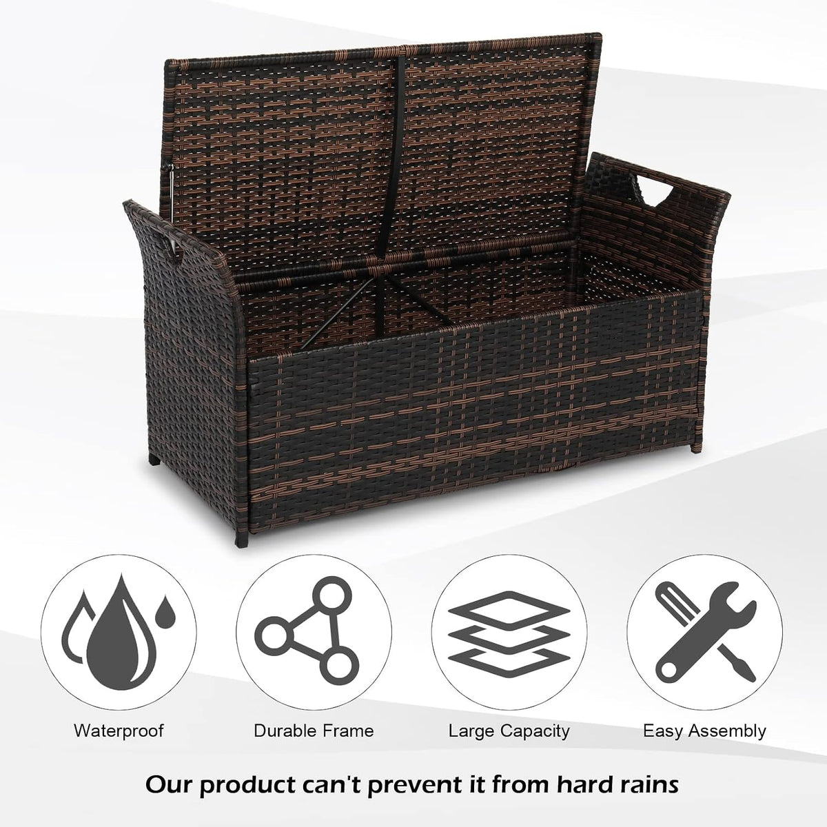 vingli 40 gallon wicker storage bench, patio cushion showing dimensions