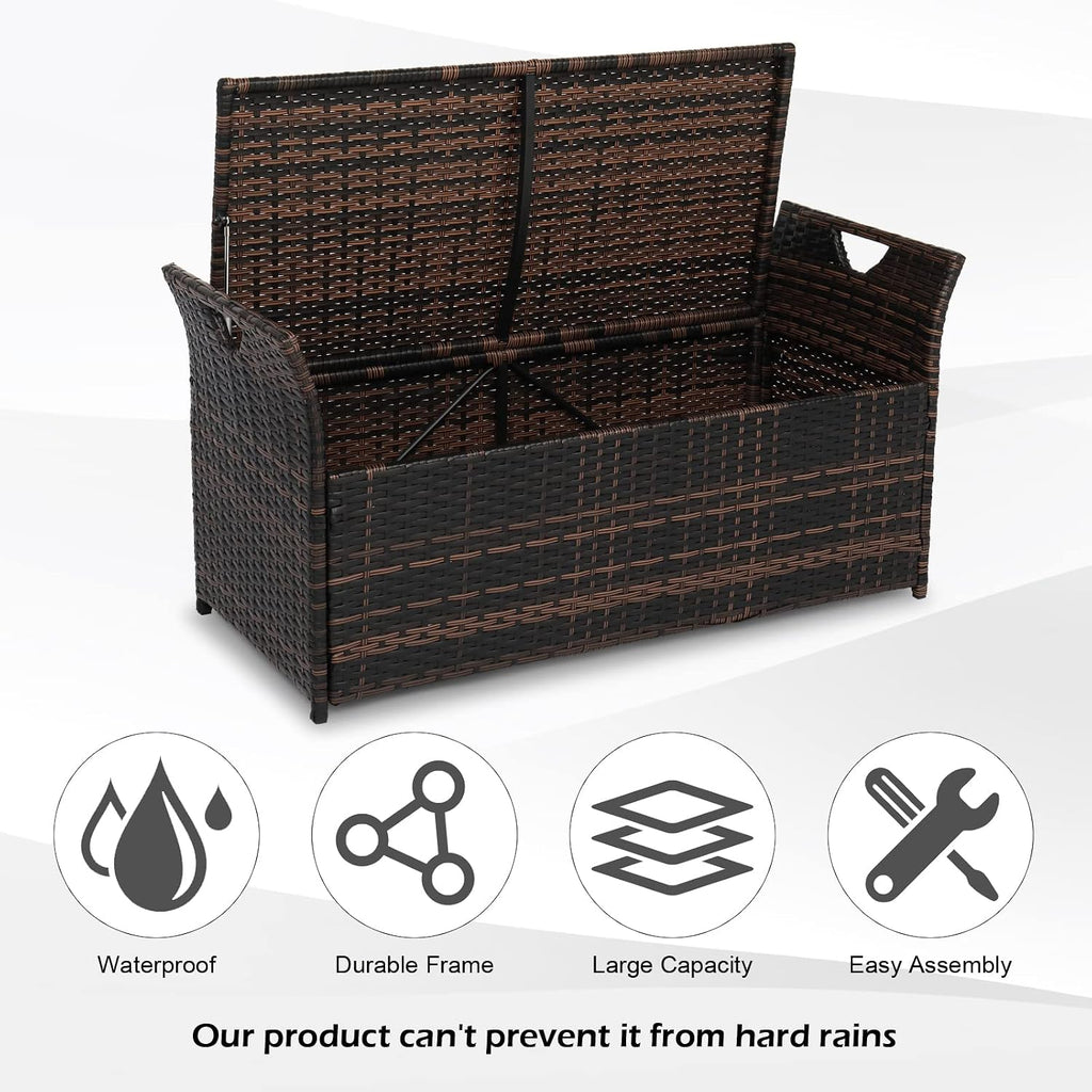 vingli 40 gallon wicker storage bench, patio cushion showing dimensions