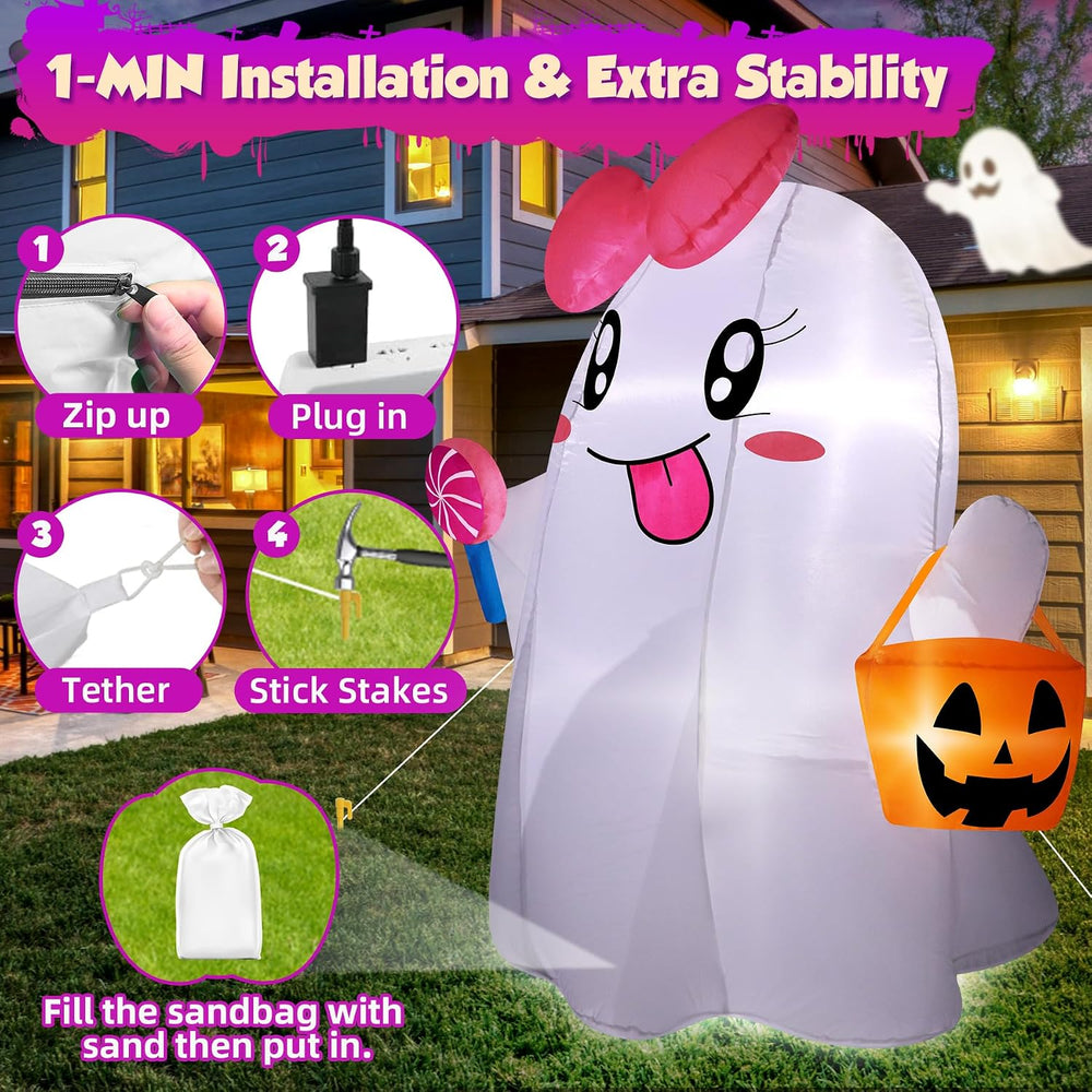 zukakii 5FT Halloween Inflatables Ghost, Cute Halloween Decorations Outdoor B...