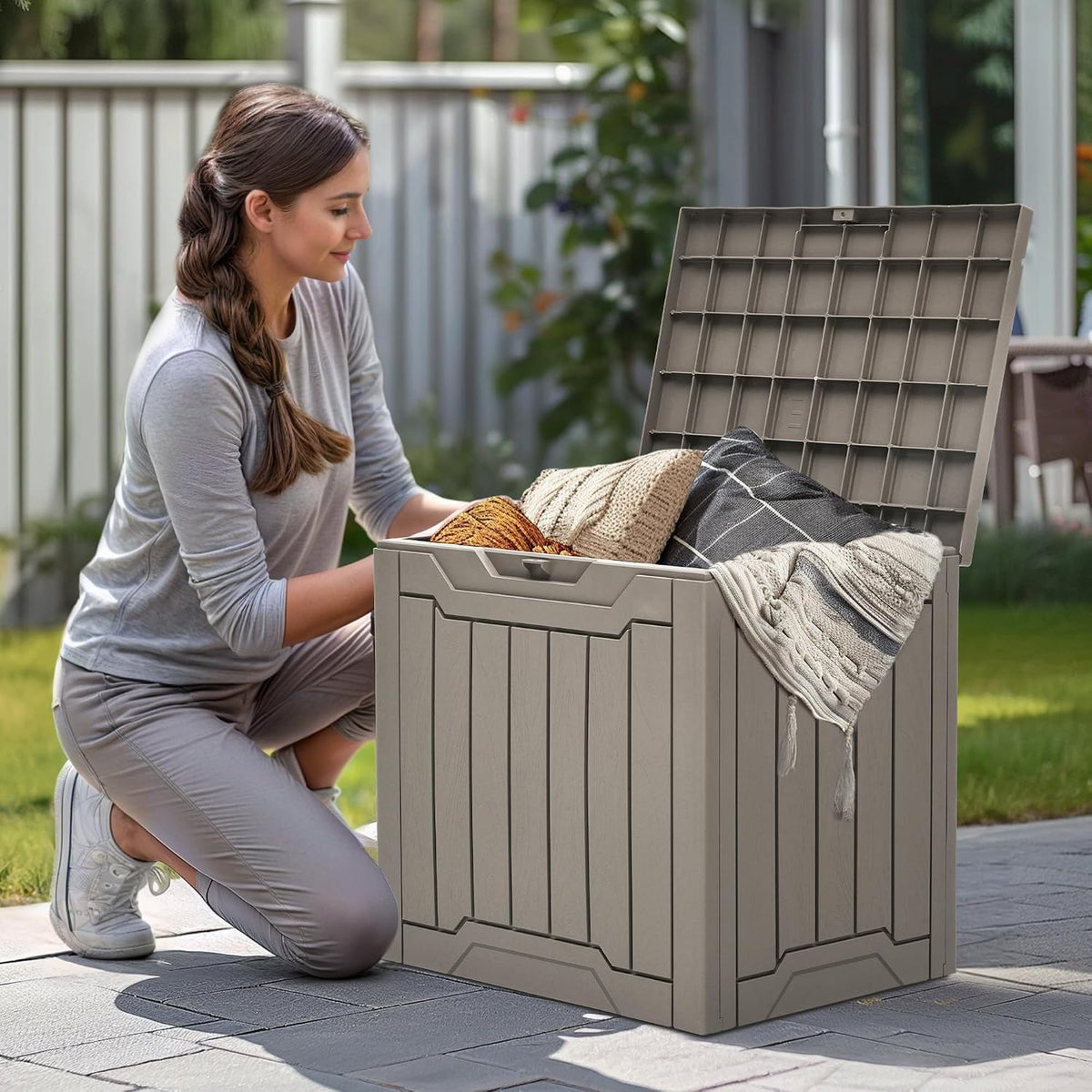 YITAHOME Outdoor Resin Storage Box 31 Gal, Water-resistant Patio Deck Box Outdoor Storage Box for Pillows, Garden Equipment, Securely Lockable, Light Brown