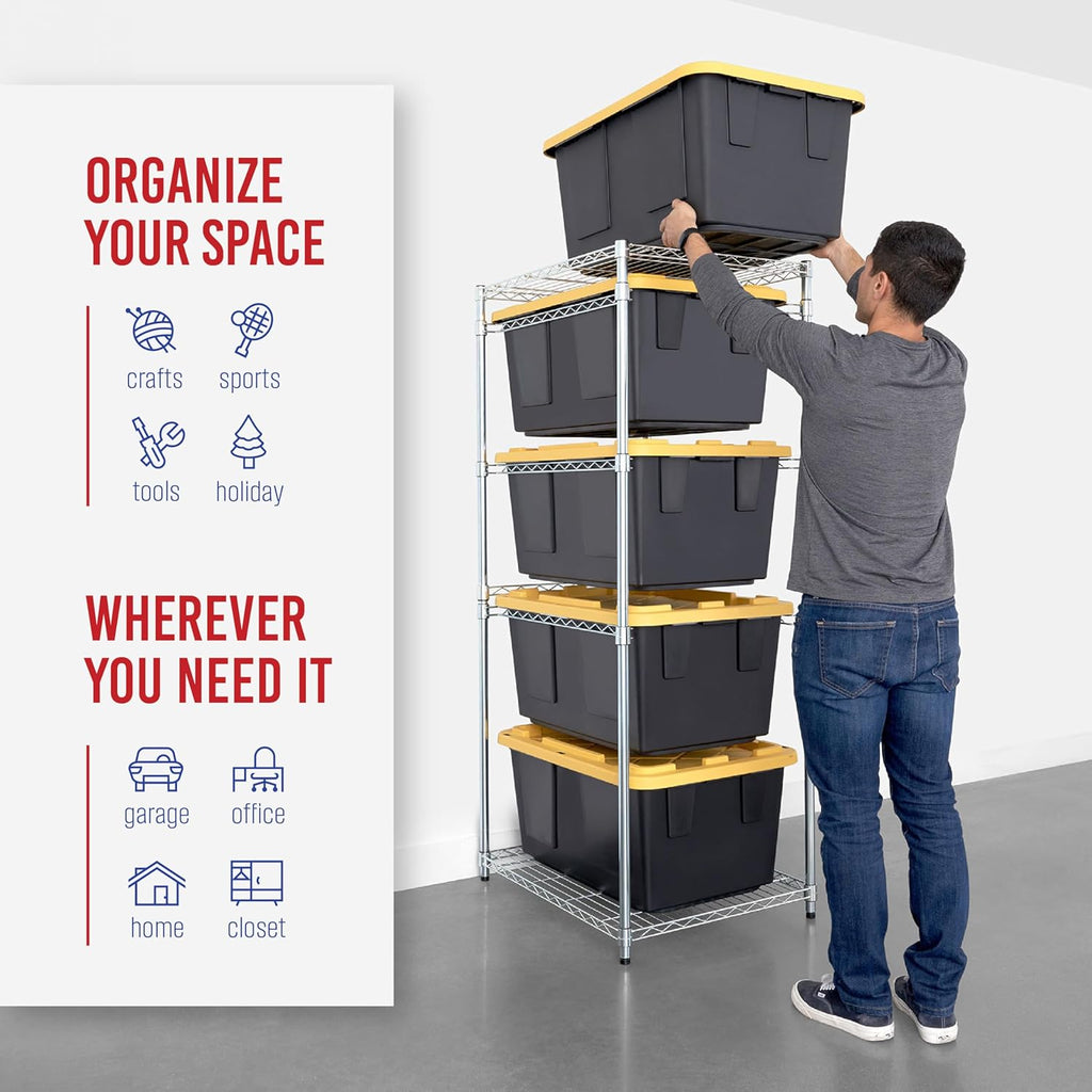 saferacks 5-tier steel tote rack for 27 gallon shown in use