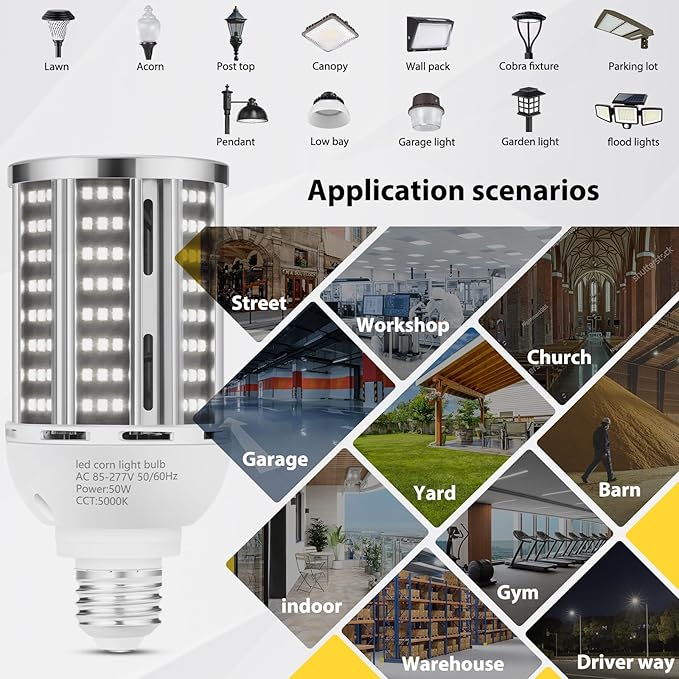 50W LED Corn Light Bulb, 5000K Commercial Grade Daylight E26/E39 6500LM Medium (6 pack)