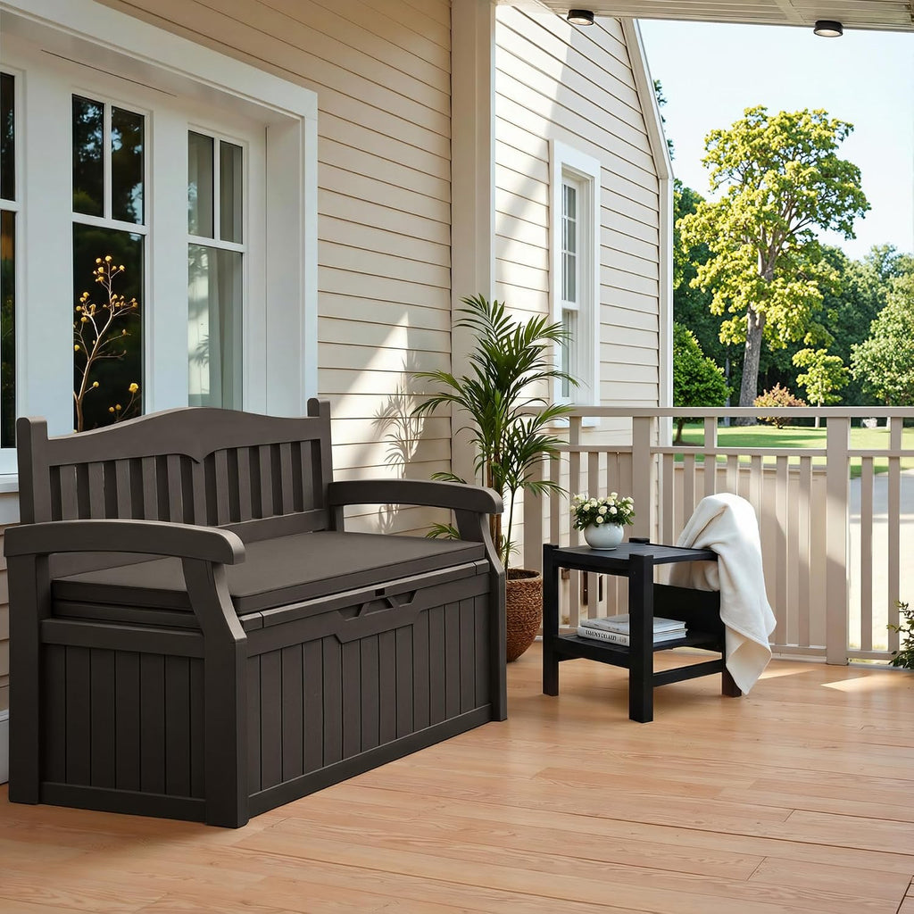 flamaker 80 gallon storage bench with cushion, waterproof shown in use