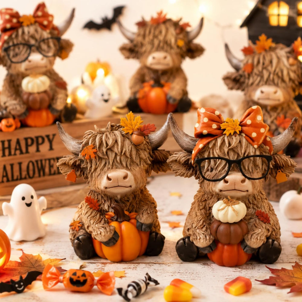 RattanView 96 Pcs Fall Halloween Mini Resin Highland Cow Figurines