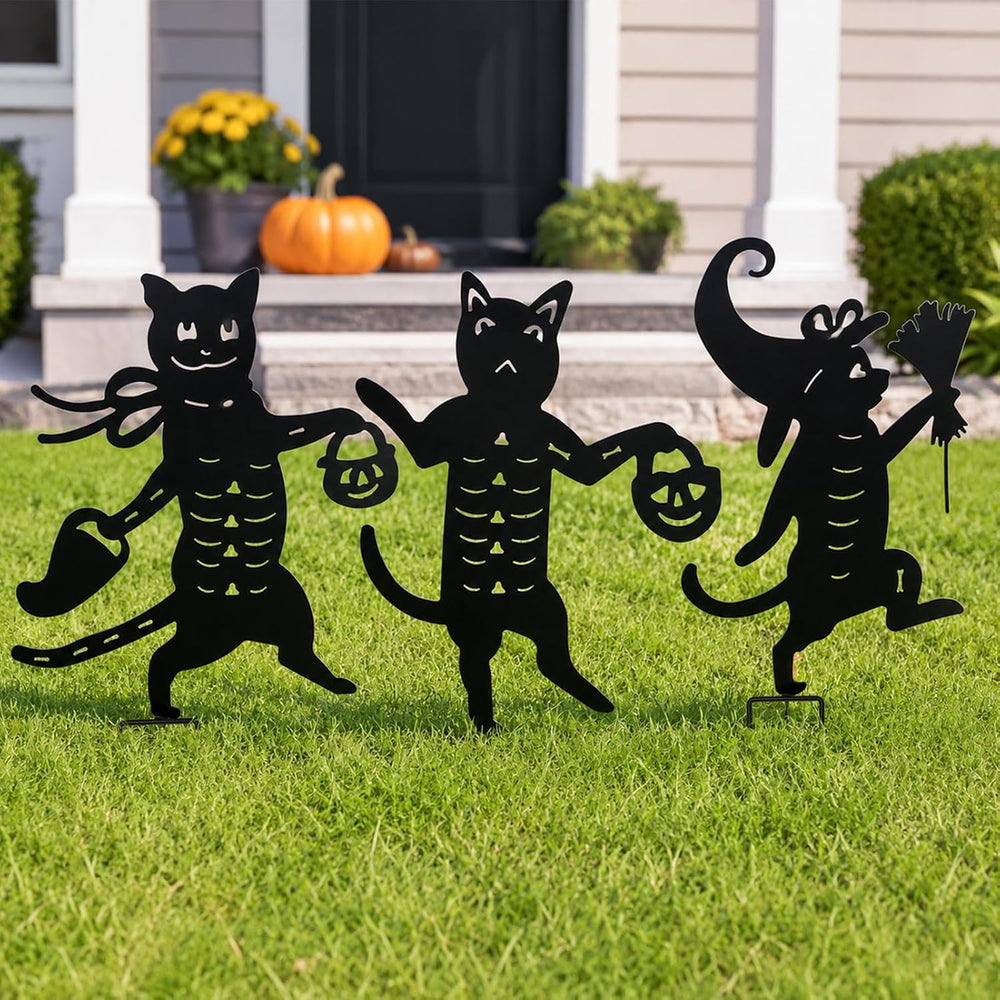 Metal Halloween Black Cat Garden Stakes Decorative, 3 Pack Scary Cat