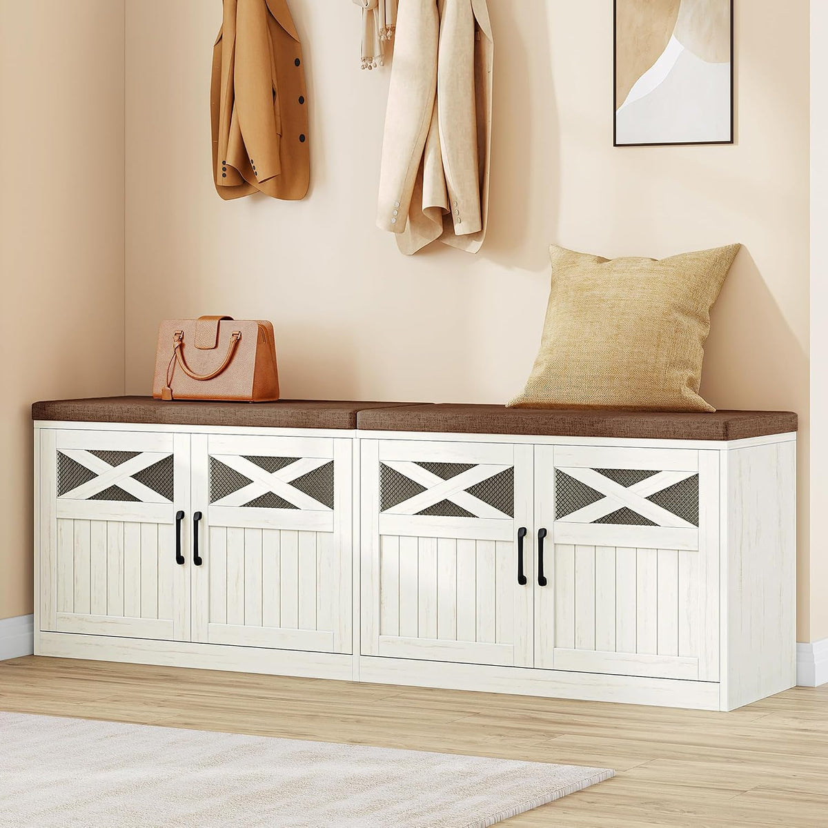 Hzuaneri 59" Shoe Storage Bench with 4 Barn Doors & Padded Seat Cushion