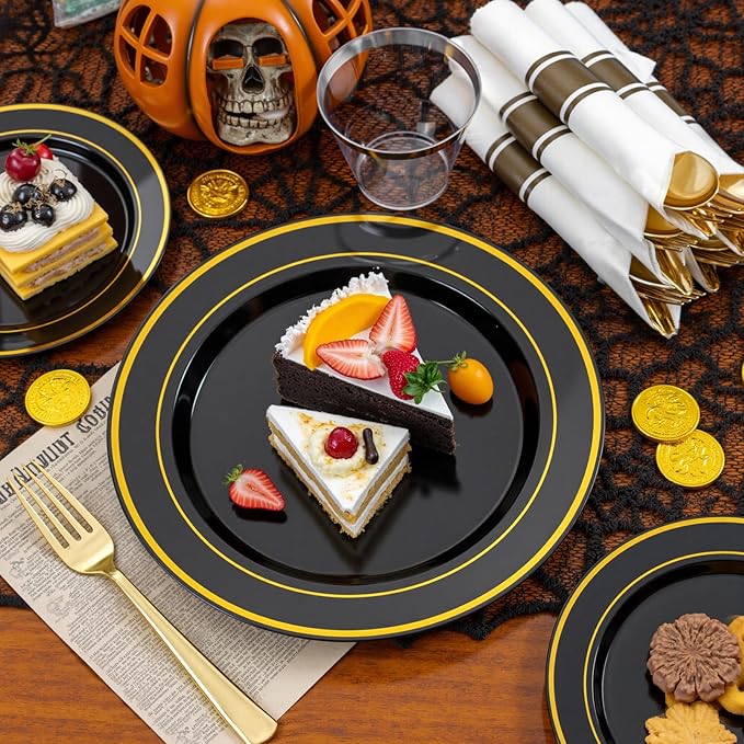 175PCS Black and Gold Plates - Black Disposable Plates for Party - 25Guests Disposable Dinnerware Set for Halloween/New Year/Wedding