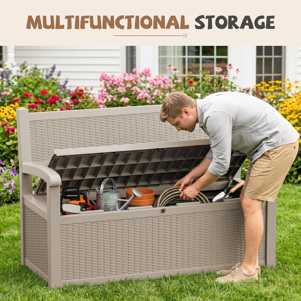 efu outdoor bench storage deck box,120 gallon waterproof on a desk or shelf
