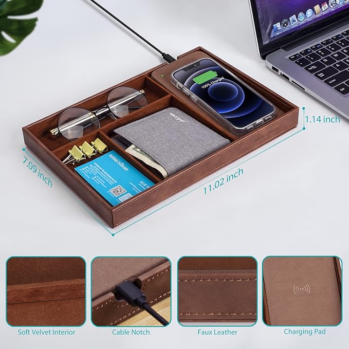 Valet Tray, Built in Wireless Charging Pad, Nightstand Organizer, Dresser