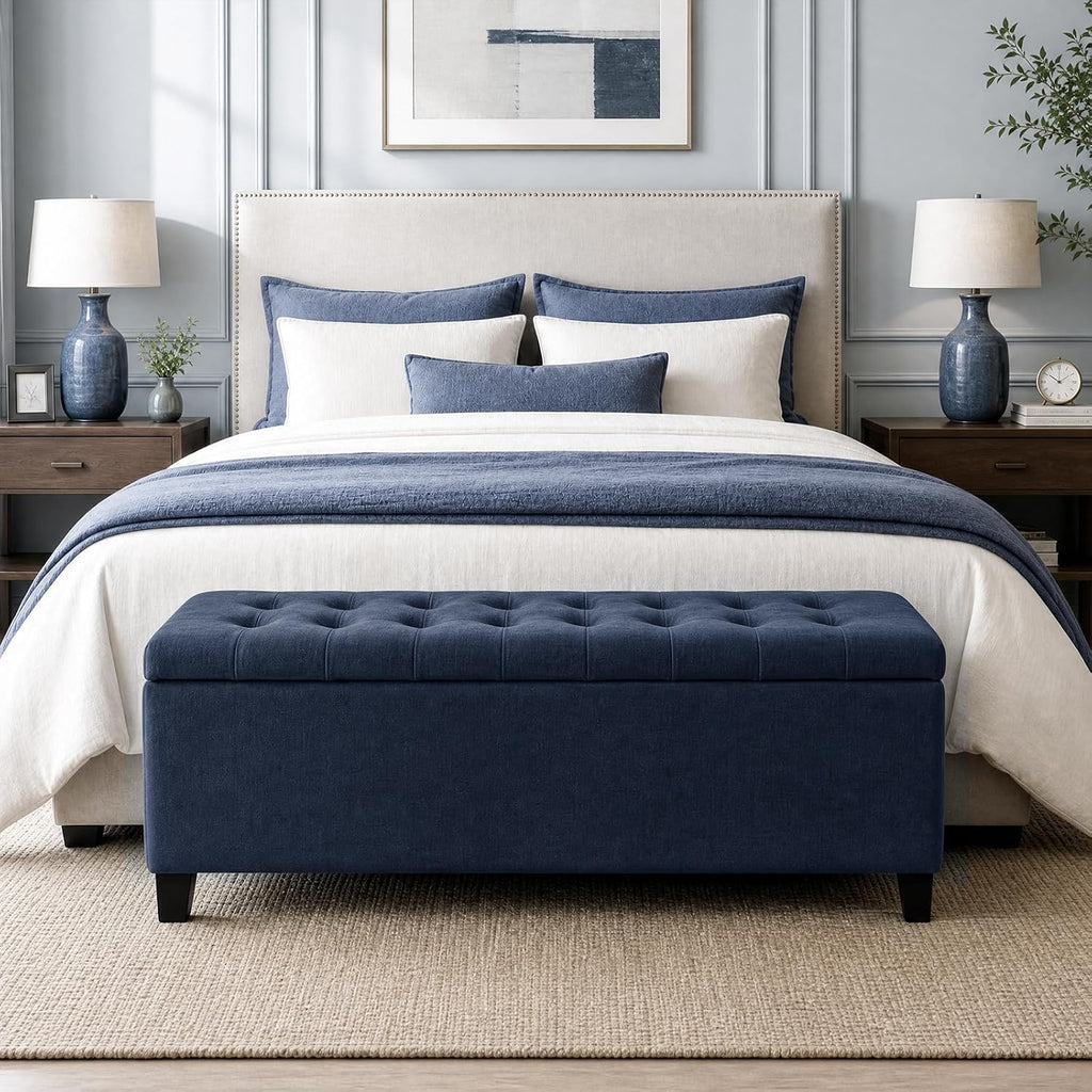 madison park 49" upholstered storage bench, button tufted showing dimensions