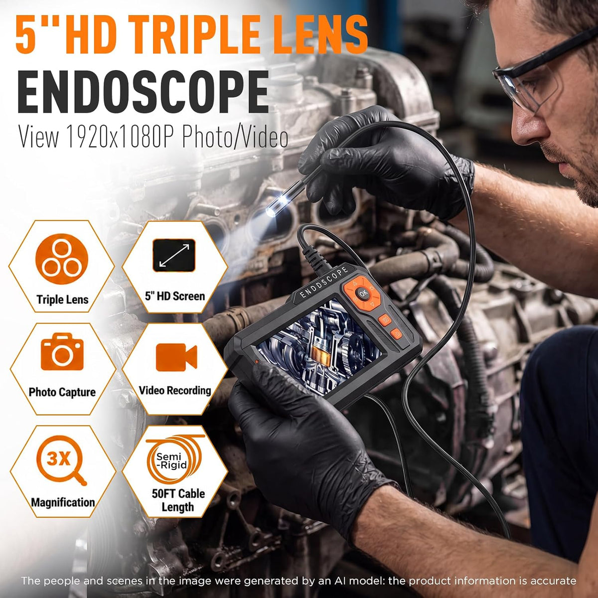 triple lens borescope, 5" ips screen, 1080p photo showing dimensions