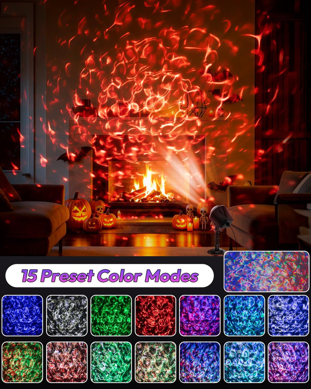 Halloween Projector Lights Outdoor, Ultra Bright Dynamic RGBW Water Ripple Projection Light with Remote, 15 Lighting Effects, Timer & Memory Function, IP65 Waterproof,16.4FT Cable for Yard Decorations