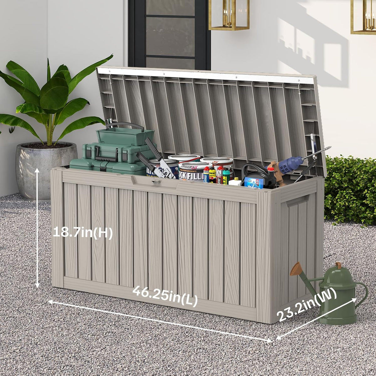 outdoor deck storage box, 90 gallon deck box,lockable shown in use