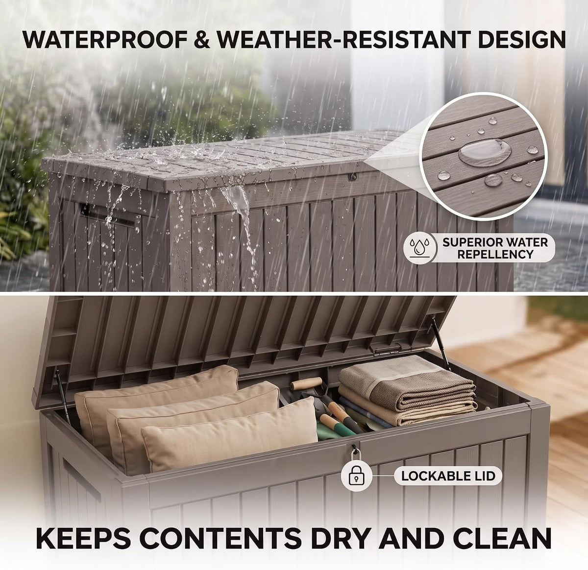 320 gallon extra-large outdoor storage box, waterproof lockable, close-up detail
