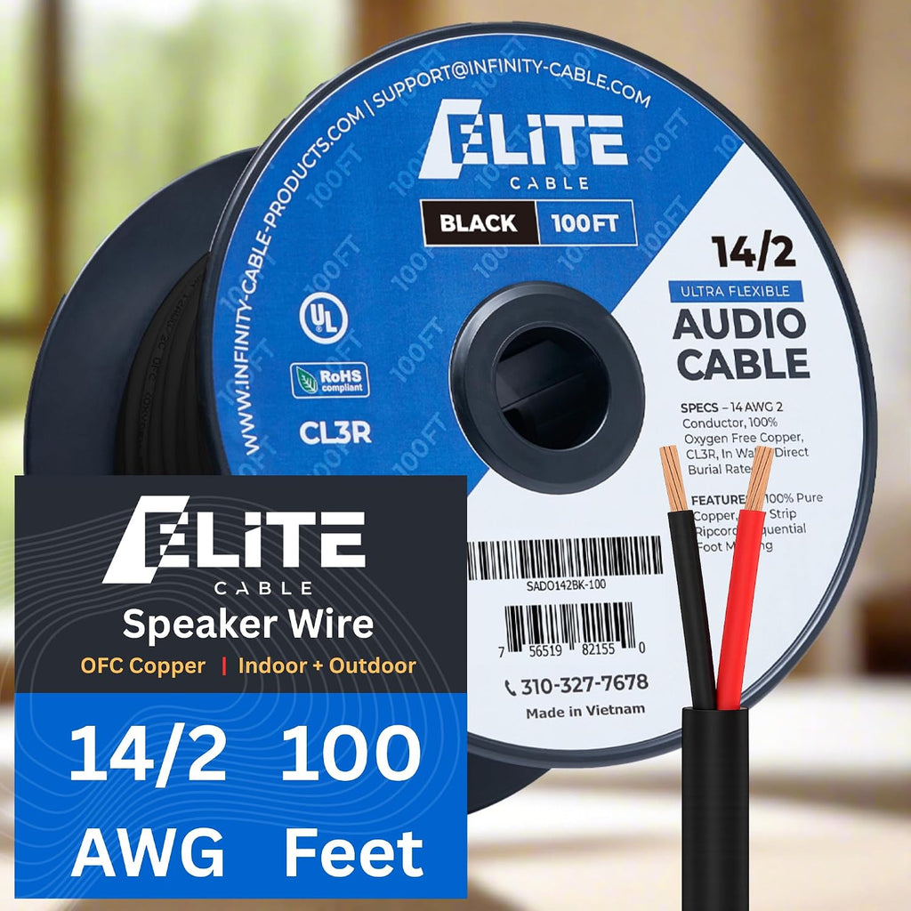Elite 14/2 Speaker Wire 100ft, UL Listed,