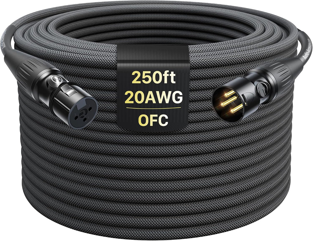 XLR Cables 250ft 1 Pack, Professional Gold-Plated Rean Connectors from Neutrik