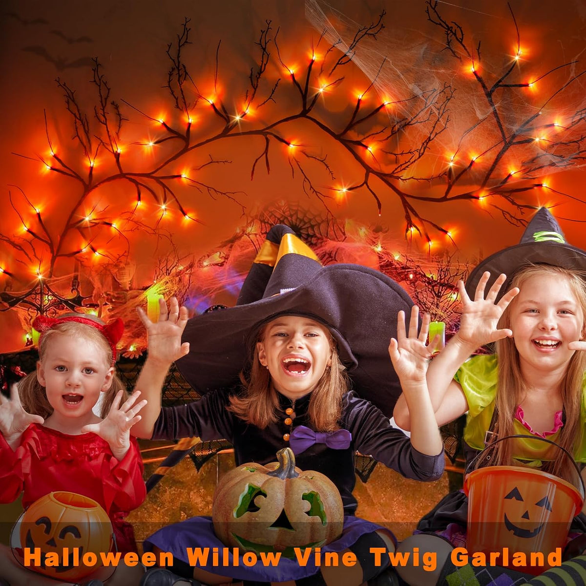 [8 Modes & Timer] 9 Ft Halloween Garland Willow Vine Twig Decor with 72 LED Orange Lights - Waterproof Battery Operated Indoor Wall Fireplace Decorations