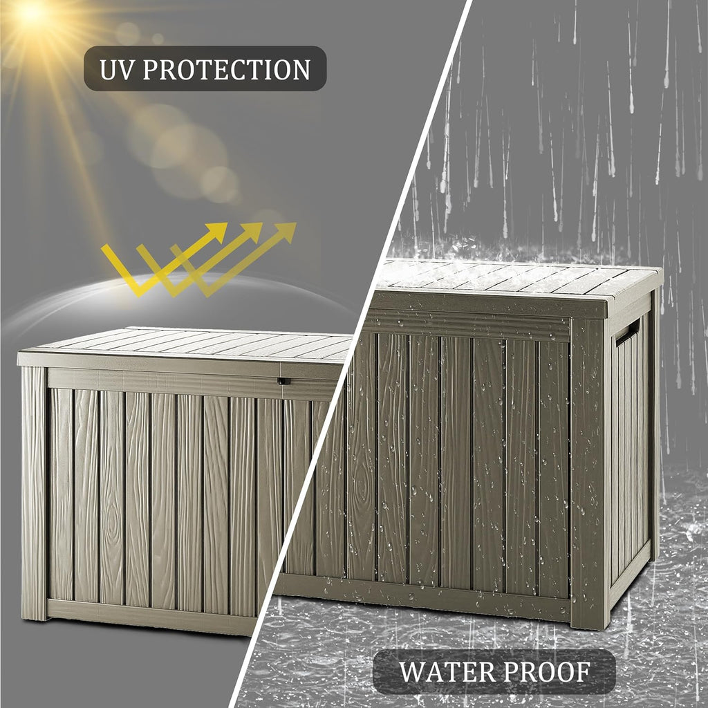 outdoor storage box, 150 gallon waterproof deck box showing dimensions