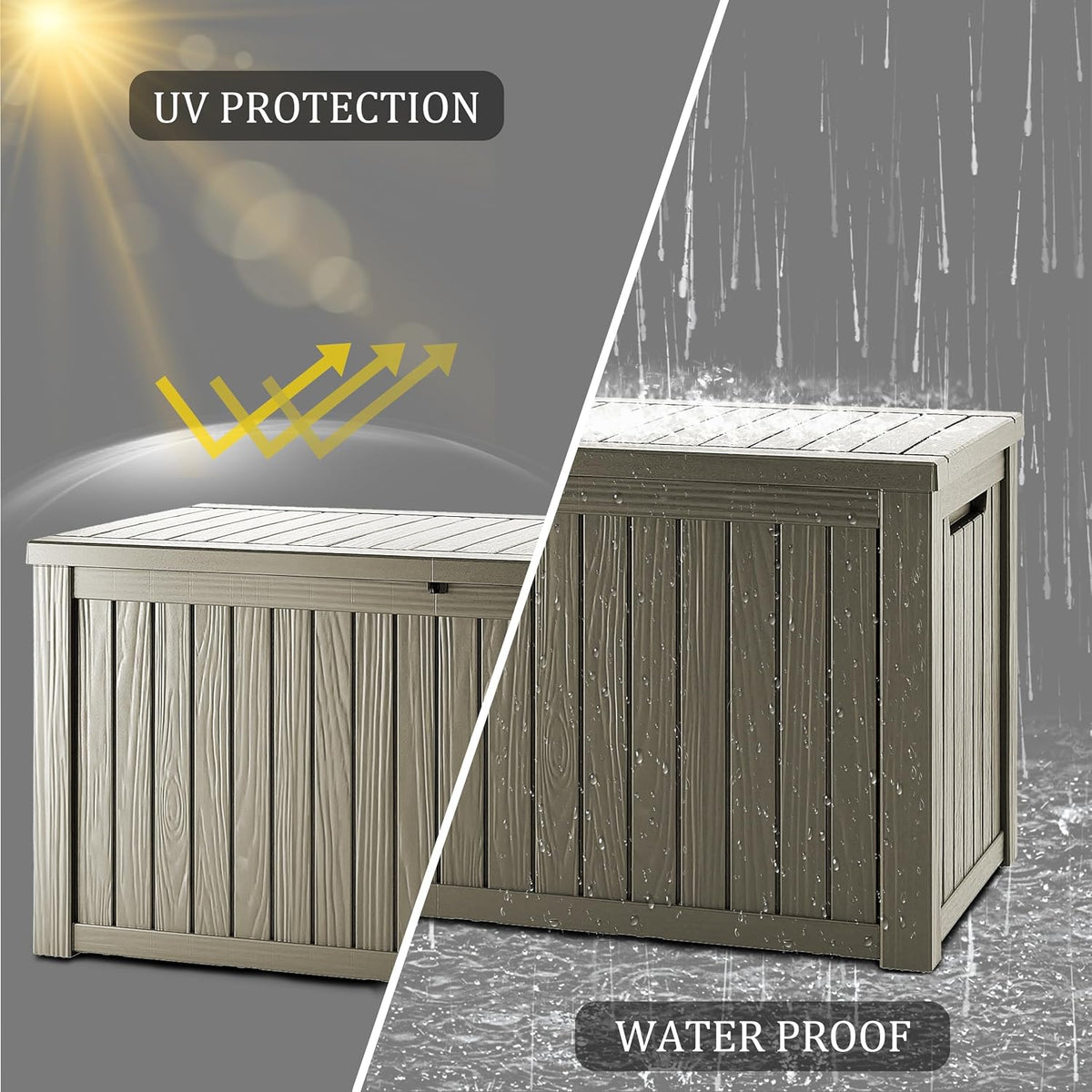 outdoor storage box, 150 gallon waterproof deck box showing dimensions