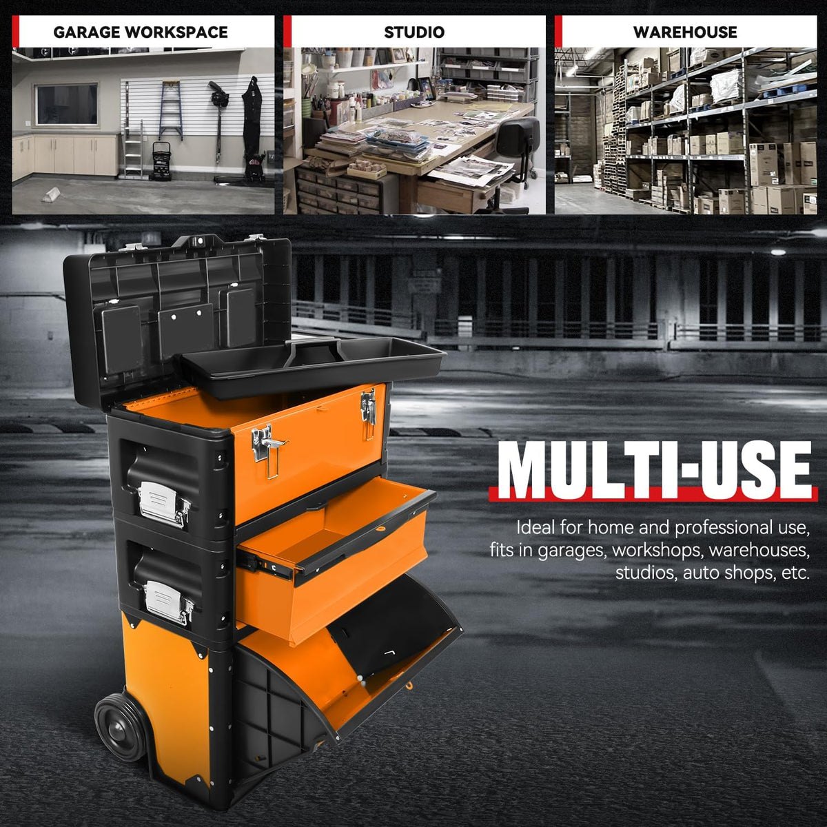auto dynasty 3-tier rolling trolley tool box stackable showing dimensions
