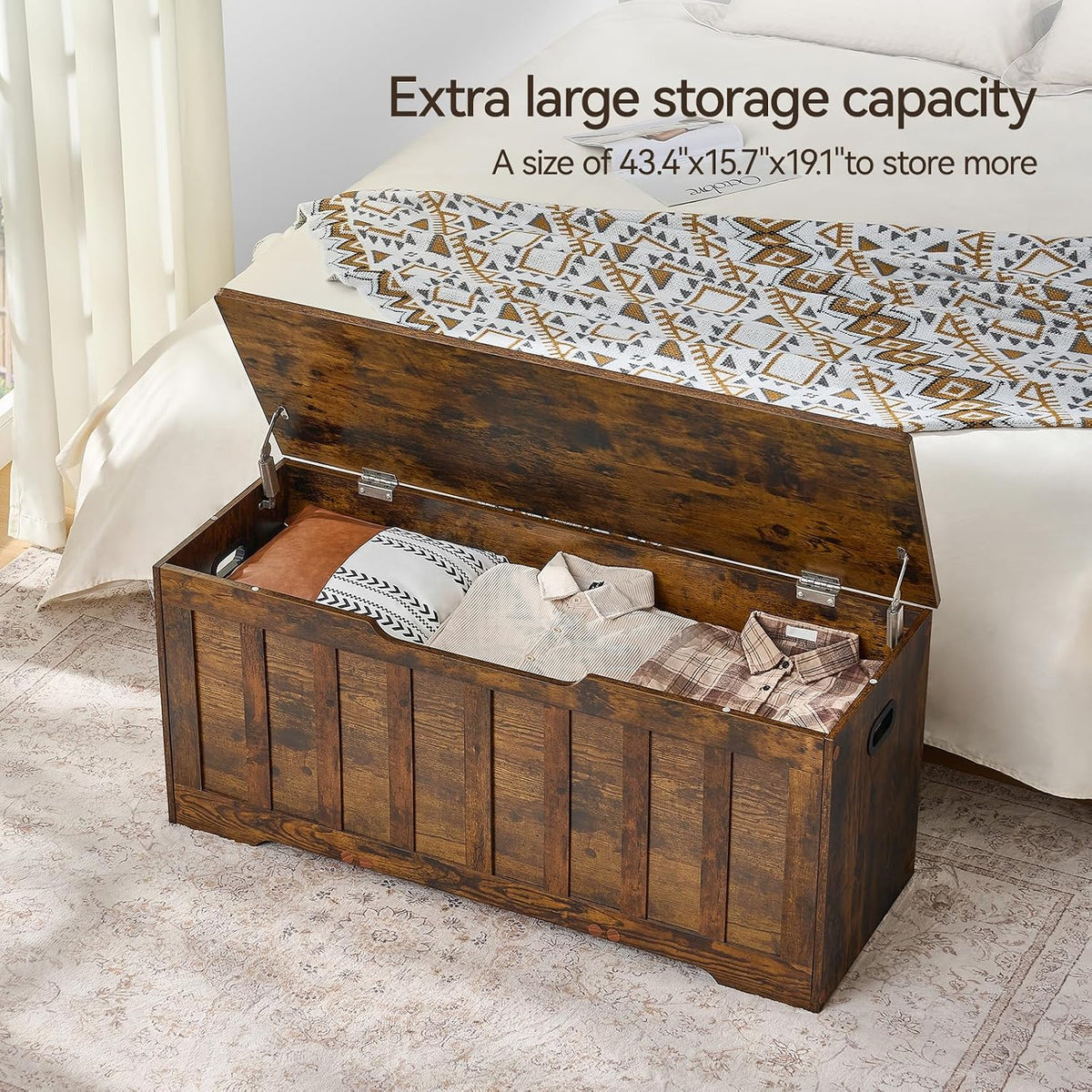 vankiley 43.3" storage chest extra large, storage bench.(rustic showing dimensions