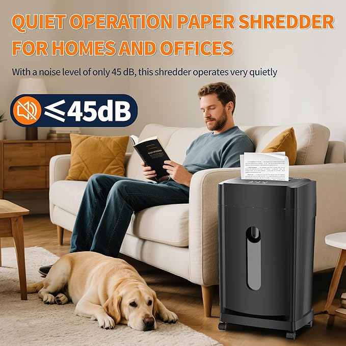 KRT Ultra-Quiet Paper Shredder 38dB, 30 Min Run Time, 15 Sheet Cross-Cut