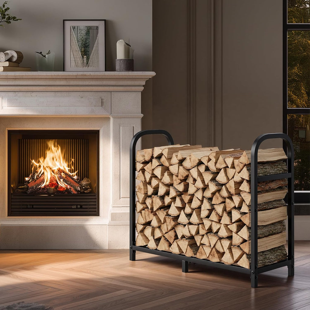 34 inch firewood rack outdoor with log carrier shown in use