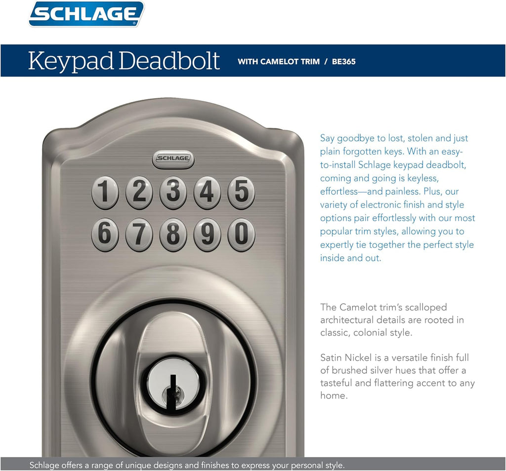 Schlage Electronic Keypad Deadbolt Lock, Camelot Trim, Matte Black